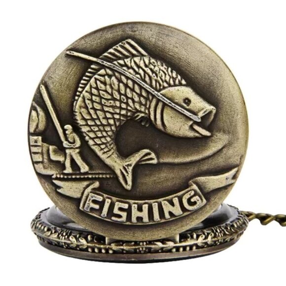 Pocket Chain Watch Fishing Theme Sportsperson Bronze Steampunk Retro Style Gift - Picture 3 of 12